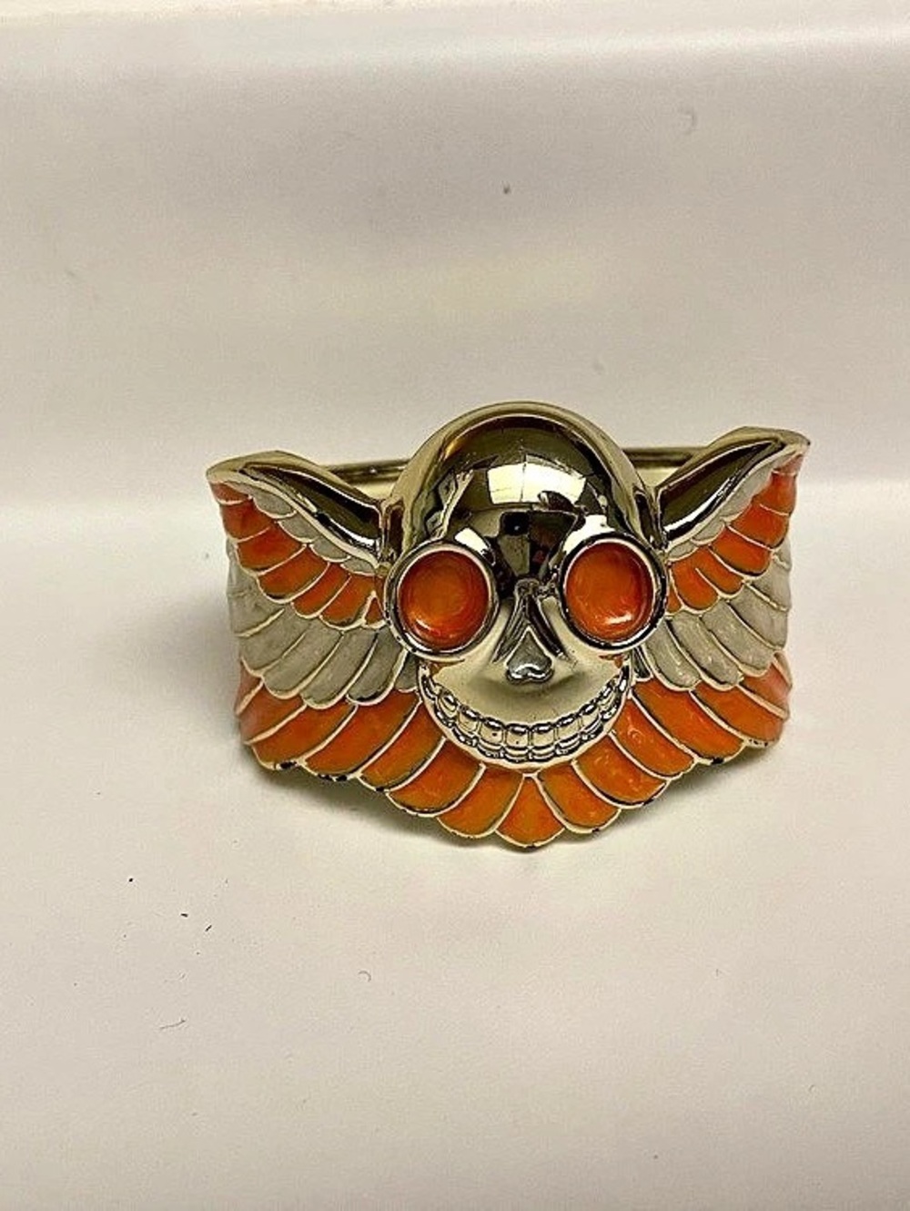 Enamel Skull Hinged Bangle Bracelet Orange & Gold